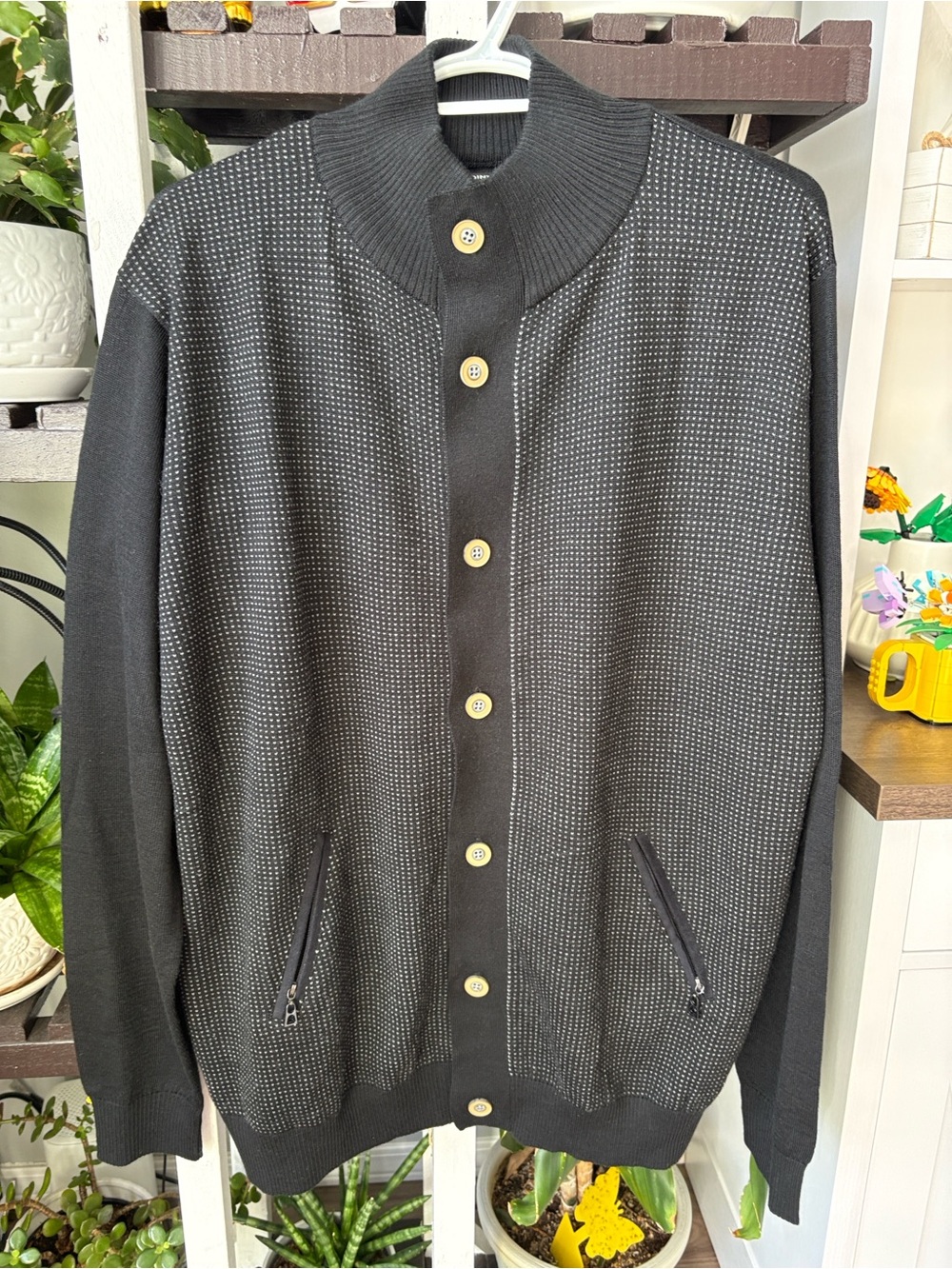 NWOT Point Zero Black Textured Button-Up Merino Wool Blend Men's Cardigan